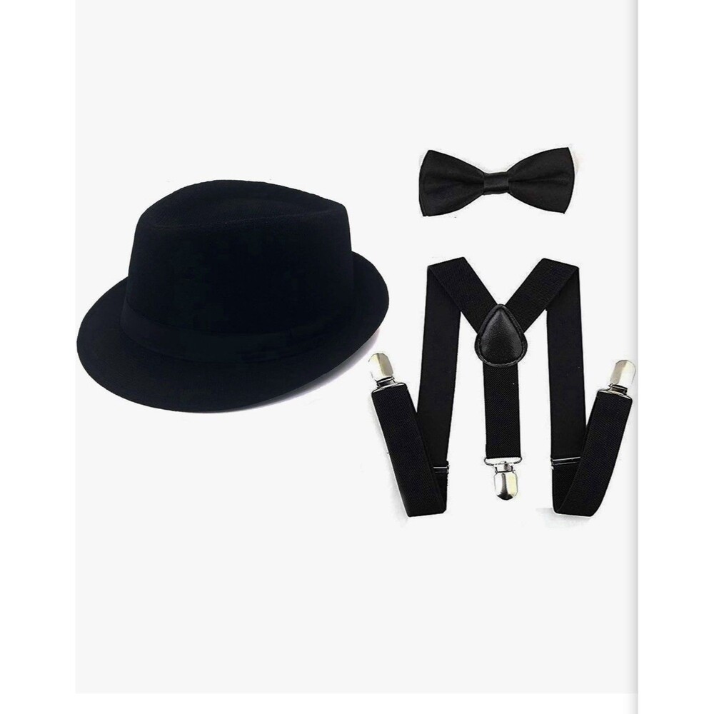 3 Pack 1920s Mens Costume Accessories Gangster Fedora Hat Bow Tie Y-Back